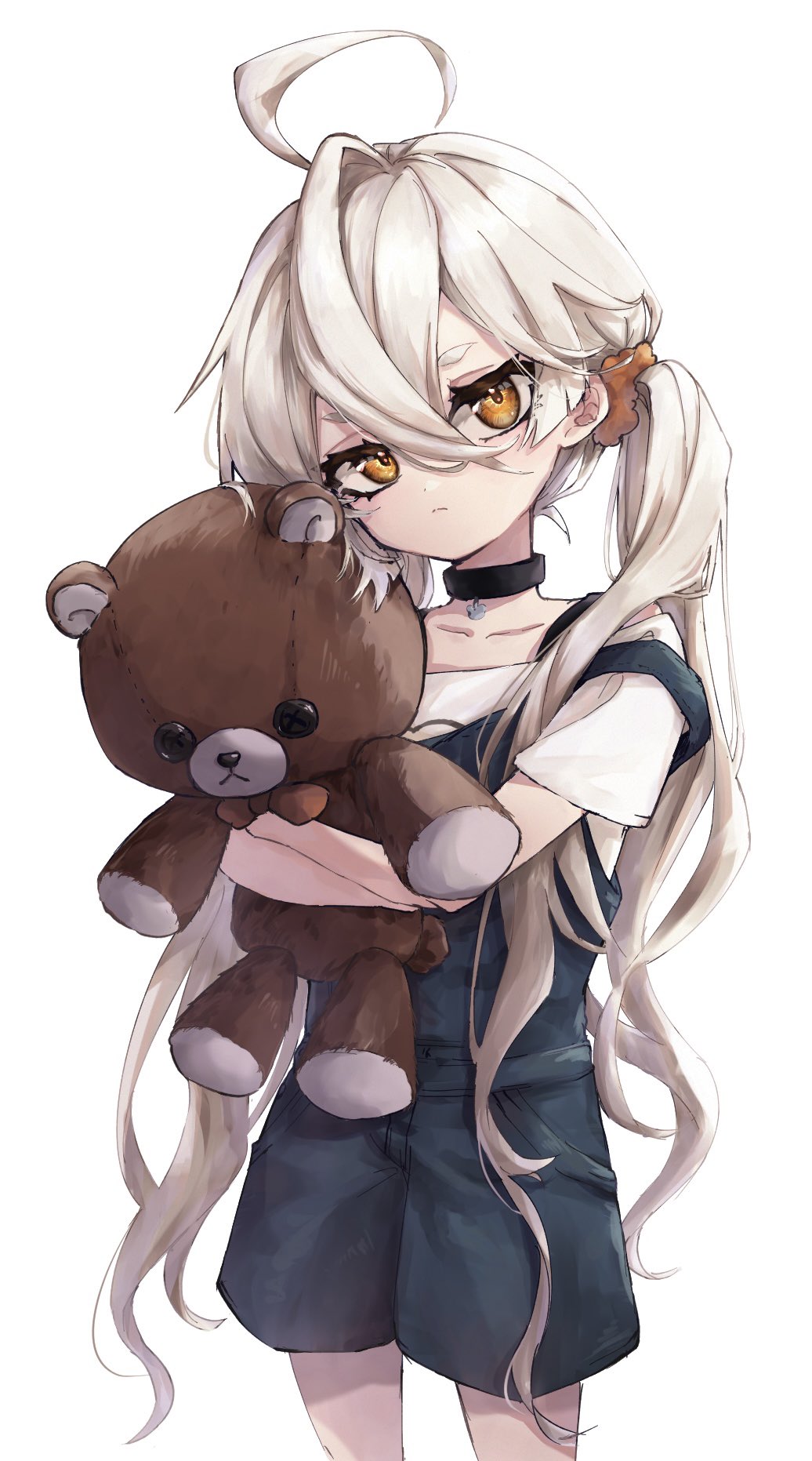 1girl, aged_down, ahoge, black_choker, black_overalls, choker, collarbone, commentary_request