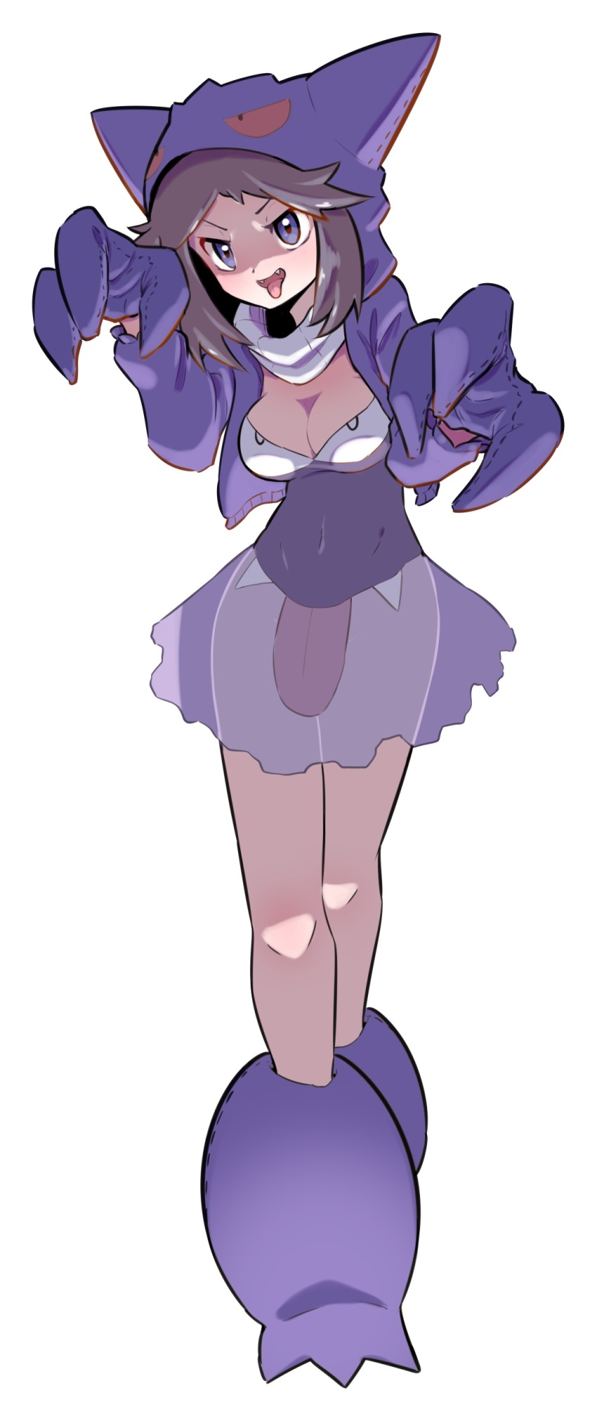 1girl, absurdres, alternate_costume, animal_hood, breasts, brown_hair, cleavage, cosplay, covered_navel, cropped_jacket, fangs, female_focus, fumirumochigashin, gastly, gastly_(cosplay), gen_1_pokemon, gengar, gengar_(cosplay), gloves, groin, hair_flaps, happy, haunter, haunter_(cosplay), highres, hood, hood_up, hooded_jacket, jacket, leaf_(pokemon), legs, long_sleeves, looking_at_viewer, medium_breasts, nintendo, no_panties, open_clothes, open_jacket, open_mouth, parted_bangs, paw_shoes, pelvic_curtain, pokemon, pokemon_firered_and_leafgreen, purple_eyes, purple_footwear, purple_gloves, purple_jacket, purple_shirt, purple_skirt, scarf, see-through_clothes, see-through_skirt, shirt, sidelocks, simple_background, skirt, smile, solo, standing, thighs, tongue, tongue_out, underlighting, v-shaped_eyebrows, white_background, white_scarf