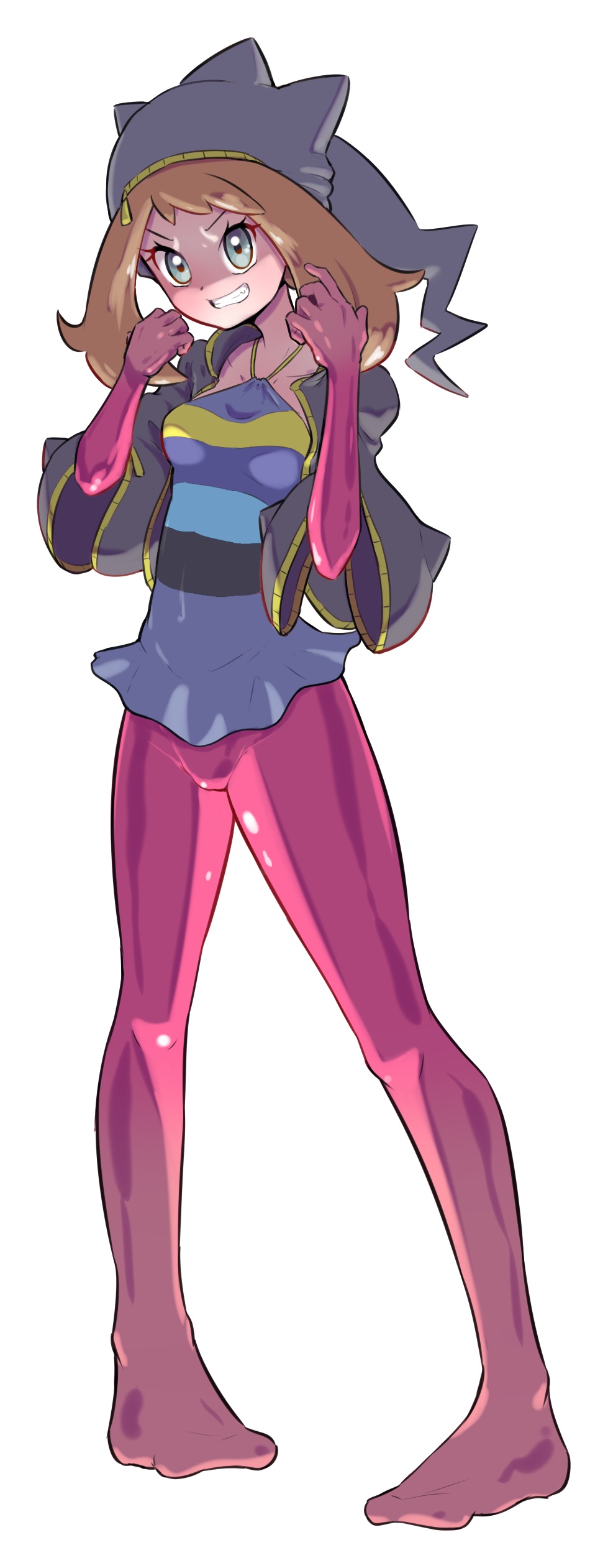 1girl, absurdres, alternate_costume, banette, breasts, brown_hair, collarbone, cosplay, covered_navel, elbow_gloves, fang, female_focus, fumirumochigashin, gen_3_pokemon, gloves, grey_eyes, grey_hat, grey_jacket, grin, hands_up, happy, hat, highres, jacket, leggings, legs_apart, long_sleeves, looking_at_viewer, may_(pokemon), medium_hair, mega_banette, mega_banette_(cosplay), mega_pokemon, multicolored_shirt, nintendo, open_clothes, open_jacket, pigeon-toed, pokemon, pokemon_ruby/sapphire/emerald, red_gloves, red_leggings, shiny_clothes, shirt, shuppet, shuppet_(cosplay), sidelocks, simple_background, small_breasts, smile, solo, standing, striped_clothes, striped_shirt, teeth, underlighting, v-shaped_eyebrows, white_background, zipper, zipper_pull_tab