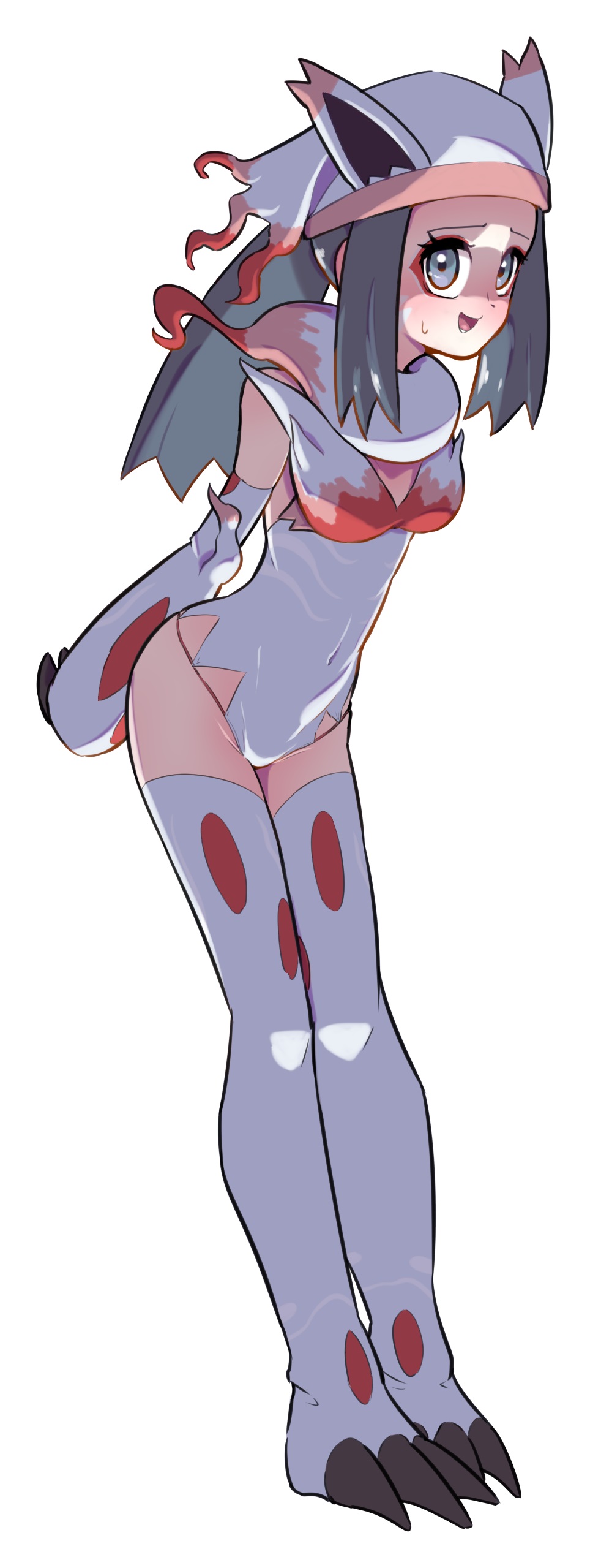 1girl, absurdres, akari_(pokemon), alternate_costume, animal_ears, arms_behind_back, bare_shoulders, black_hair, blush, boots, breasts, claws, clothing_cutout, cosplay, covered_navel, elbow_gloves, eyeliner, fake_animal_ears, female_focus, forehead, fumirumochigashin, fur_collar, gloves, grey_eyes, hat, highres, hisuian_zoroark, hisuian_zoroark_(cosplay), legs_together, leotard, light_blush, long_hair, looking_at_viewer, makeup, nervous, nervous_smile, nintendo, open_mouth, pokemon, pokemon_legends:_arceus, ponytail, raised_eyebrows, red_eyeliner, sidelocks, simple_background, skindentation, small_breasts, smile, solo, standing, sweat, teeth, thigh_boots, underlighting, white_background, white_boots, white_gloves, white_hat, white_leotard