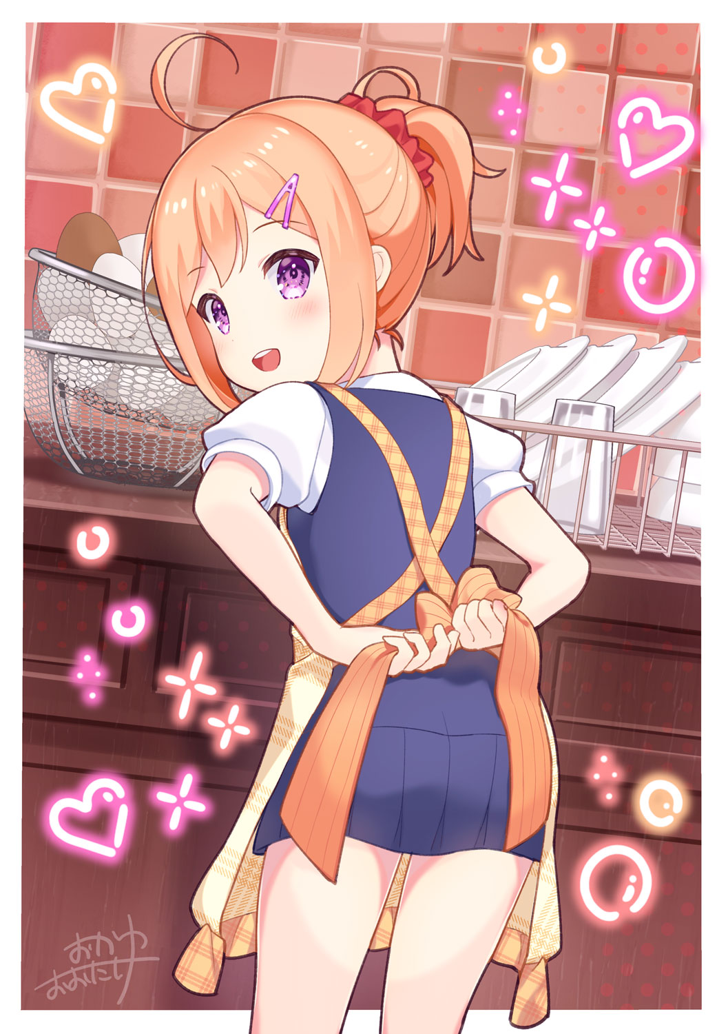 1girl, alternate_hairstyle, apron, blue_dress, cup, dress, egg_(food), food