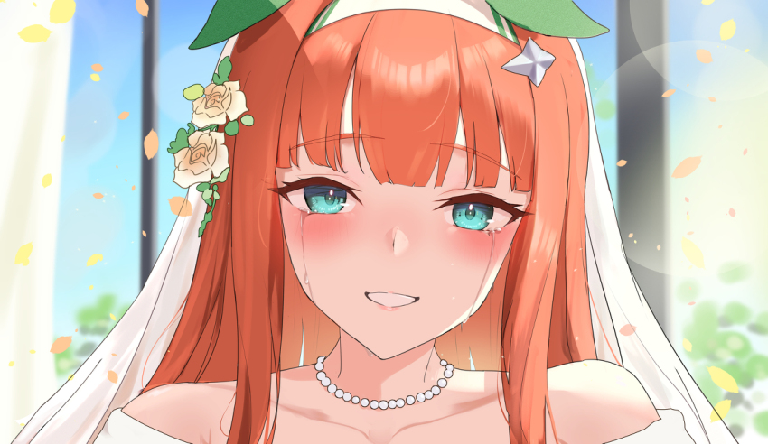 1girl, aqua_eyes, blunt_bangs, blurry, blurry_background, bride, collarbone, crying