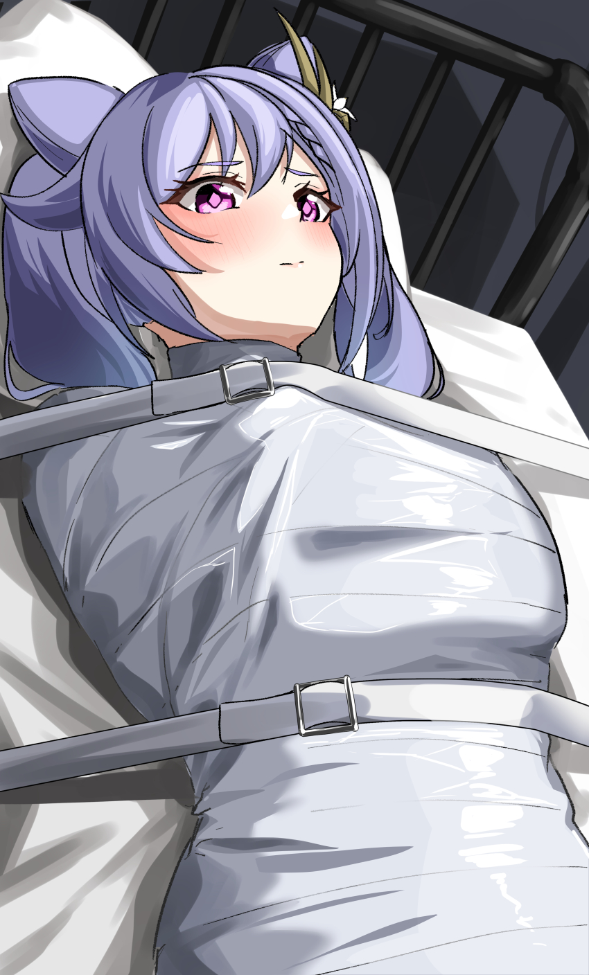 1girl, absurdres, bandages, bdsm, bed, blush, bondage, bound