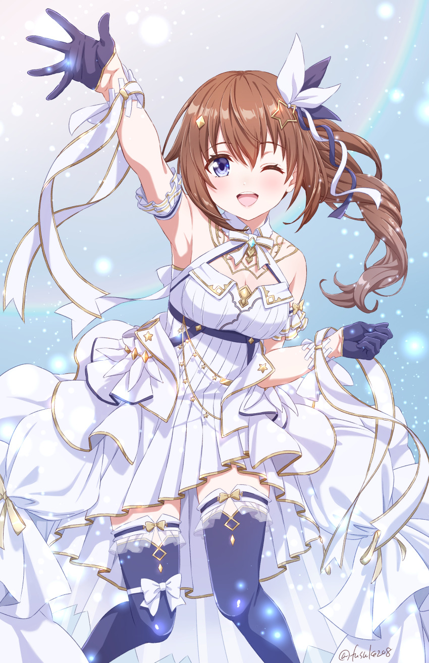 1girl, absurdres, arm_up, armpits, blue_eyes, blush, brown_hair, diamond_hair_ornament