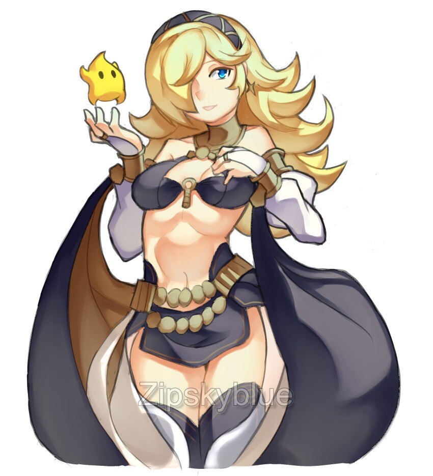 1girl, armlet, blonde_hair, blue_eyes, bridal_gauntlets, cosplay, detached_sleeves, fire_emblem, fire_emblem_awakening, hair_over_one_eye, hairband, highres, jewelry, long_hair, luma_(mario), mario_(series), navel, nintendo, olivia_(fire_emblem), olivia_(fire_emblem)_(cosplay), ring, rosalina, solo, super_mario_galaxy, white_background, zipskyblue