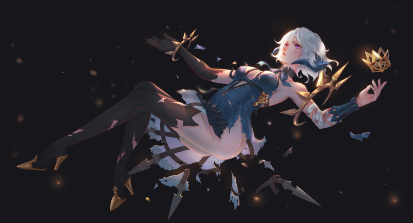 1girl, absurdres, bandaged_arm, bandages, black_background, black_gloves, black_thighhighs, blood