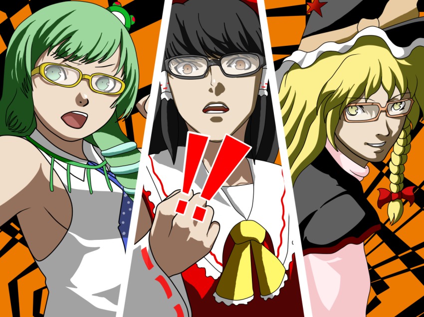3girls, all-out_attack, atlus, bespectacled, female_focus, glasses, hakurei_reimu, kirisame_marisa