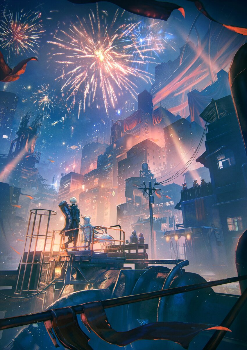 1boy, 1girl, absurdly_long_hair, artist_request, bag, banner, black_bag, black_footwear, black_jacket, black_pants, boots, cable, city, dragon_girl, fight_song_(eve), fireworks, flag, highres, industrial_pipe, jacket, long_hair, night, otogiri_tobi, pants, ryuuko_(eve), sign, utility_pole, very_long_hair, wide_shot