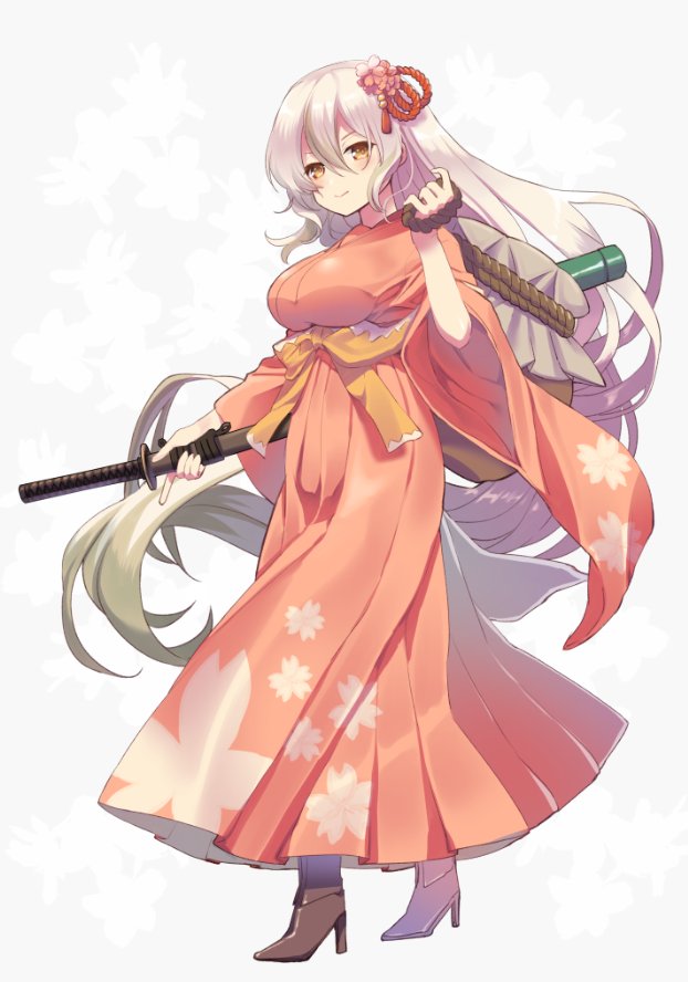 1girl, boots, floral_print, full_body, hair_ornament, high_heel_boots, high_heels, holding