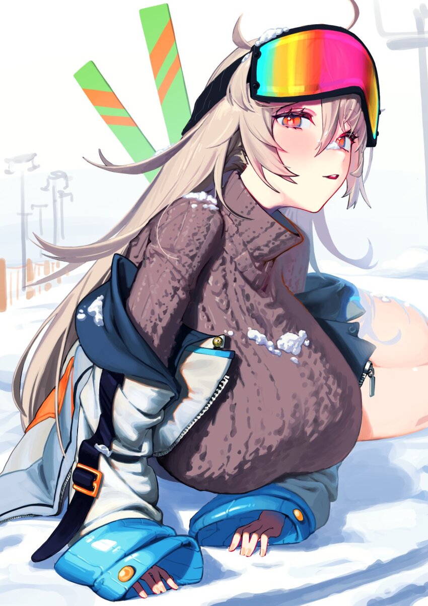 1girl, black_sweater, blonde_hair, blush, breasts, goggles, goggles_on_head, highres, indie_virtual_youtuber, jacket, large_breasts, long_hair, lying, on_side, parted_lips, red_eyes, ski_goggles, ski_lift, snow, snow_on_body, solo, sweater, turtleneck, turtleneck_sweater, virtual_youtuber, waterswing