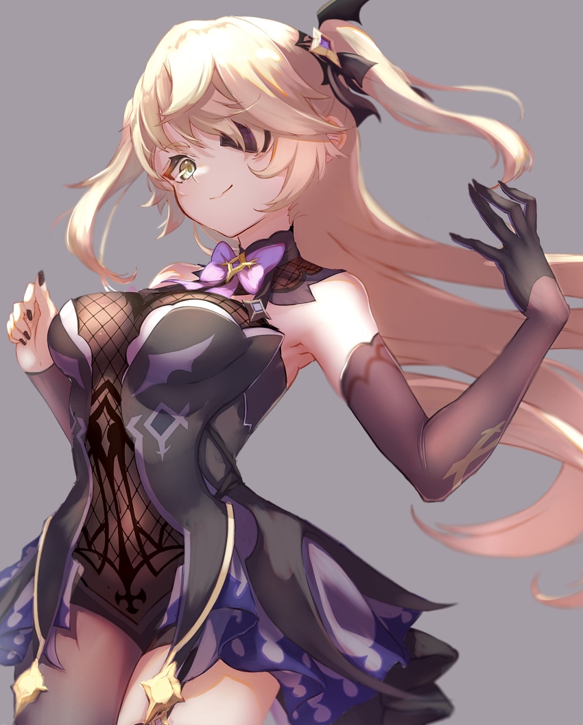 1girl, absurdres, alternate_breast_size, bare_shoulders, bat_ornament, black_ribbon, blonde_hair, blush