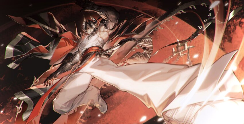 1boy, arknights, baizelangtai_(hallyswift), chongyue_(arknights), dragon_boy, dragon_horns, dragon_tail, flying_kick