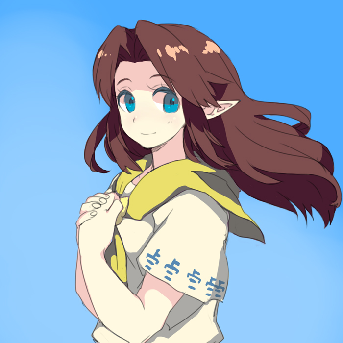 1girl, bad_id, blue_eyes, brown_hair, colored_eyelashes, elf, female_focus, long_hair, malon, nintendo, peach_rock, pointy_ears, scarf, smile, solo, the_legend_of_zelda, the_legend_of_zelda:_ocarina_of_time
