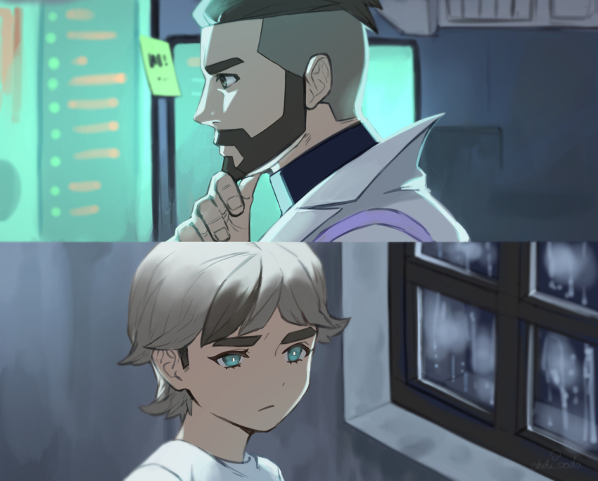 2boys, aged_down, arven_(pokemon), beard, bodysuit, bodysuit_under_clothes, brown_hair, closed_mouth, coat, commentary_request, eyelashes, facial_hair, father_and_child, father_and_son, green_eyes, hand_on_own_chin, hand_up, highres, indoors, male_focus, multiple_boys, nintendo, parent_and_child, pokemon, pokemon_scarlet_and_violet, professor_turo, saida_(ohda_ooda), shirt, short_hair, stroking_own_chin, t-shirt, undercut, white_shirt, window