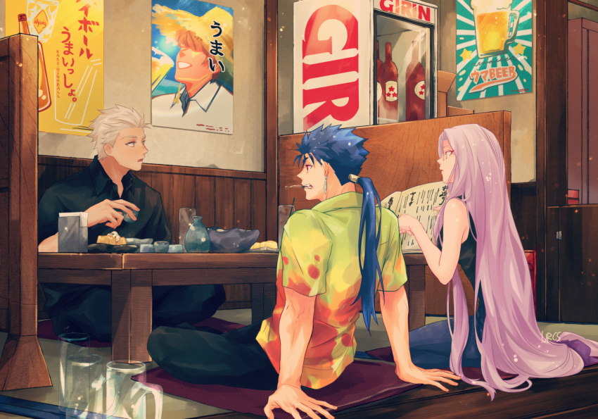 1girl, 2boys, archer_(casual_wear)_(fate), archer_(fate), black_pants, black_shirt, blue_hair, cu_chulainn_(aloha_shirt)_(fate), cu_chulainn_(fate), cu_chulainn_(lancer)_(fate), dress_shirt, earrings, fate/hollow_ataraxia, fate/stay_night, fate_(series), glasses, grey_hair, grey_pants, hawaiian_shirt, highres, indoors, jewelry, kajijii, leaning_back, long_hair, low-tied_long_hair, low_ponytail, medusa_(fate), medusa_(rider)_(fate), mouth_hold, multiple_boys, open_mouth, pants, pink_hair, pink_shirt, ponytail, profile, shirt, short_hair, short_sleeves, sitting, sleeveless, sleeveless_shirt, spiked_hair, very_long_hair