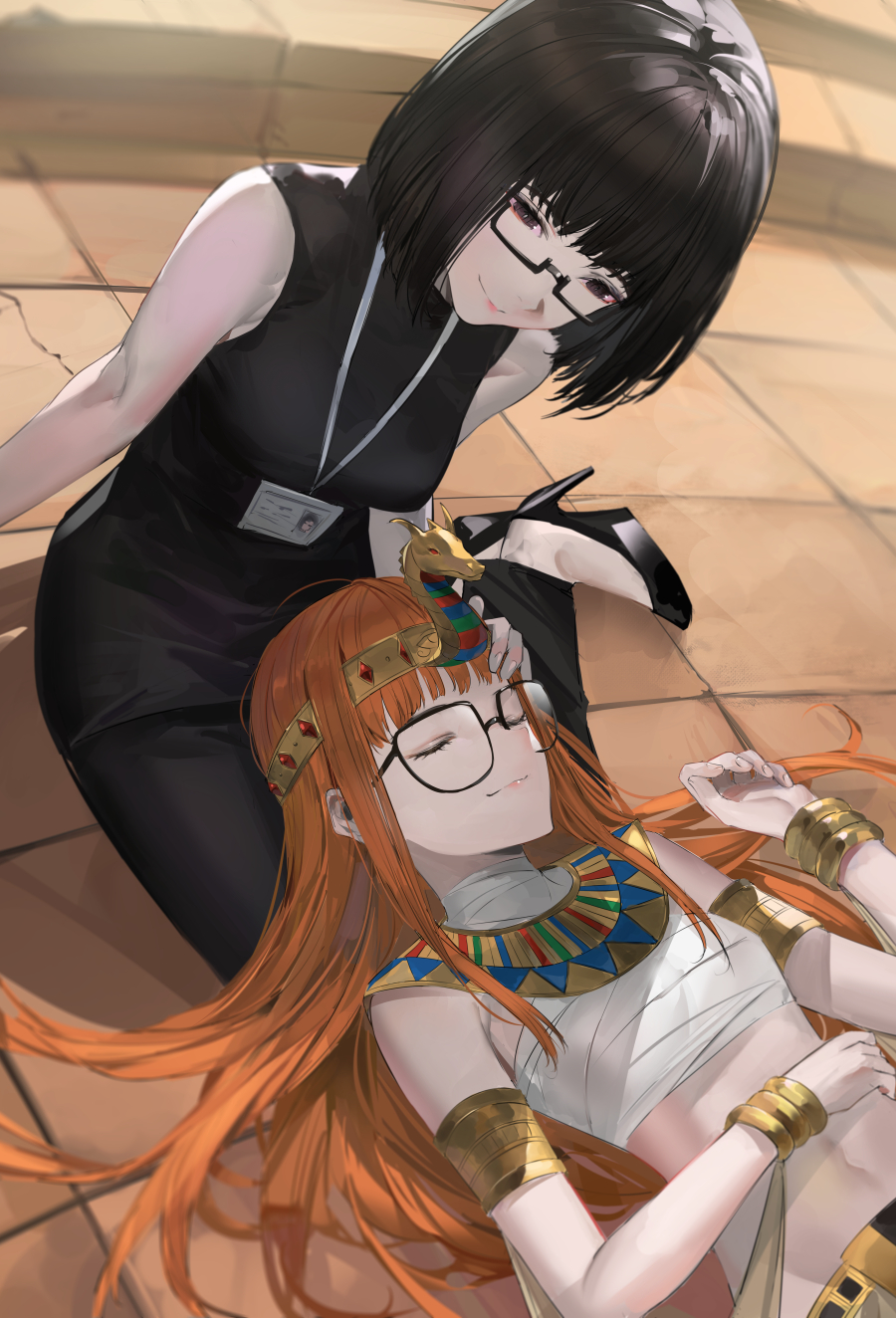 2girls, ancient_egyptian_clothes, armlet, bandages, bandeau, black_hair, black_pants, blazpu, bracelet, breasts, circlet, closed_eyes, closed_mouth, commentary, commission, english_commentary, flat_chest, glasses, gold_bracelet, hair_spread_out, high_heels, highres, id_card, isshiki_wakaba, jewelry, lanyard, lap_pillow, lips, long_hair, looking_at_another, lying, mature_female, medium_breasts, midriff, mother_and_child, mother_and_daughter, multiple_girls, navel, on_back, orange_hair, pants, parent_and_child, persona, persona_5, sakura_futaba, shirt, short_hair, sitting, sleeveless, sleeveless_shirt, smile, stomach, tile_floor, tiles, yokozuwari