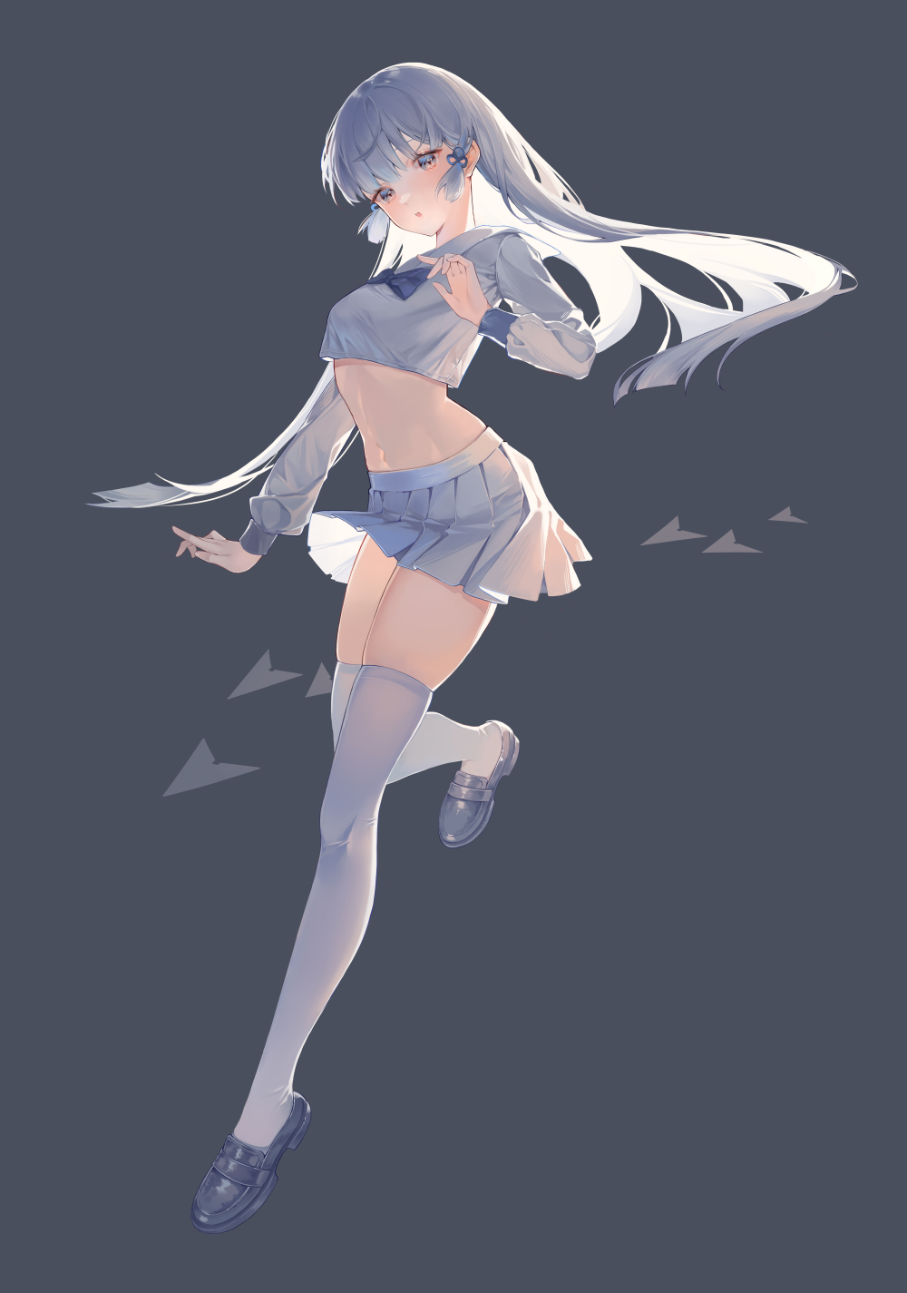 1girl, alternate_costume, ayaka_(genshin_impact), black_shoes, blue_bow, blush, bow, clear_regulus, commentary, crop_top, full_body, genshin_impact, grey_background, grey_shirt, grey_skirt, grey_thighhighs, highres, leg_up, loafers, long_hair, long_sleeves, midriff, miniskirt, navel, pleated_skirt, school_uniform, serafuku, shirt, shoes, sidelocks, simple_background, skirt, solo, stomach, thighhighs