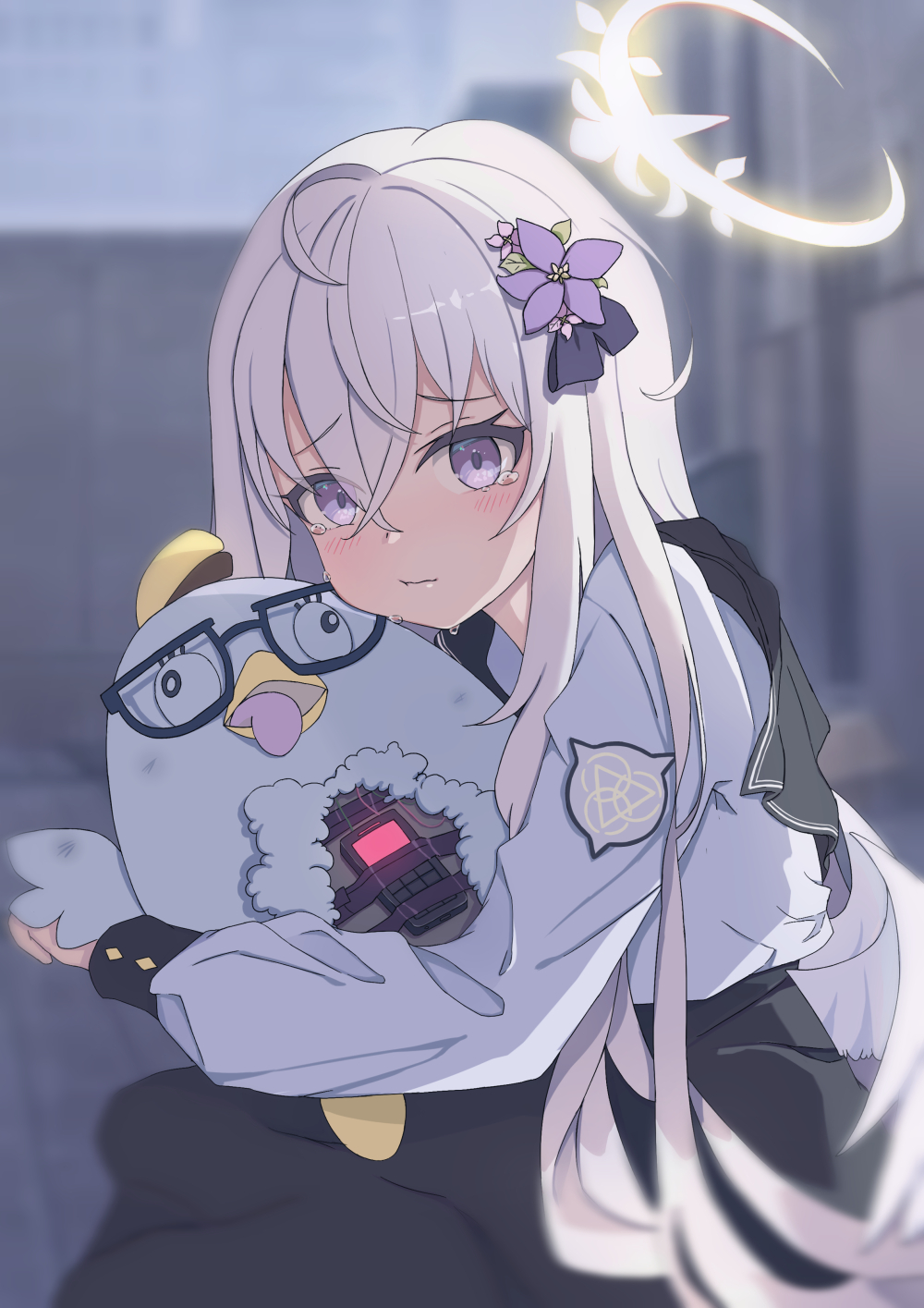 1girl, ahoge, angel_wings, azusa_(blue_archive), black_dress, black_serafuku, blue_archive, blurry