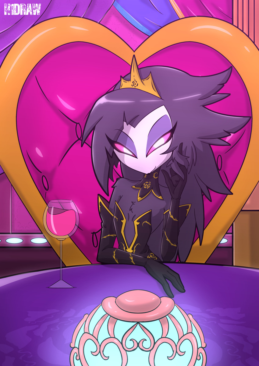 1girl, absurdres, alcohol, choker, crown, demon_girl, dress, drink, elbow_gloves, furry, gloves, h1draw, hellaverse, helluva_boss, highres, octavia_(helluva_boss), owl_girl, wine