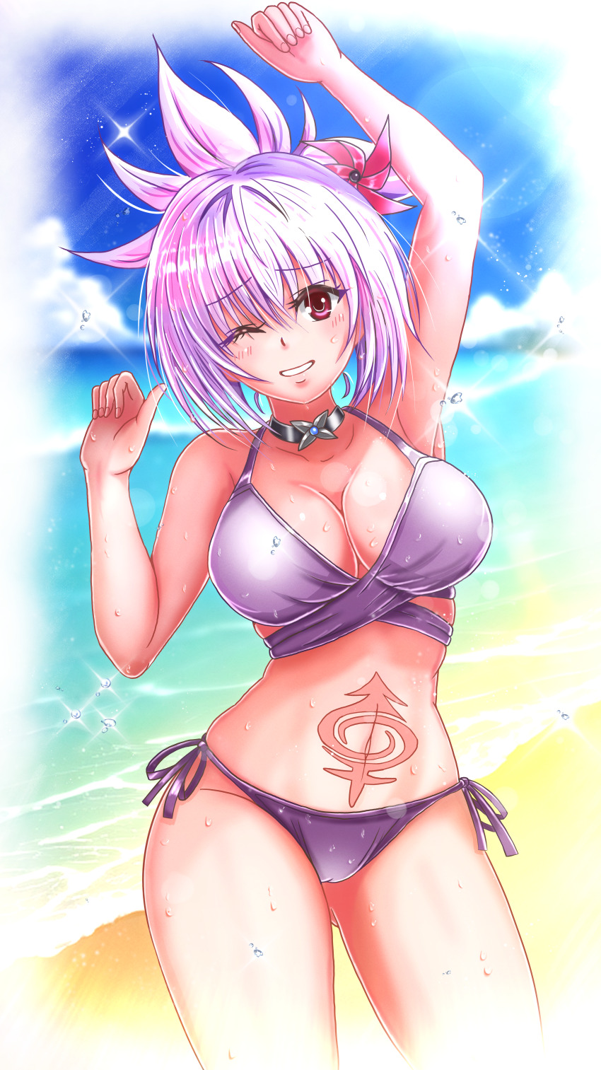 1girl, absurdres, ayakashi_triangle, beach, big_kapipara, bikini, breasts, choker
