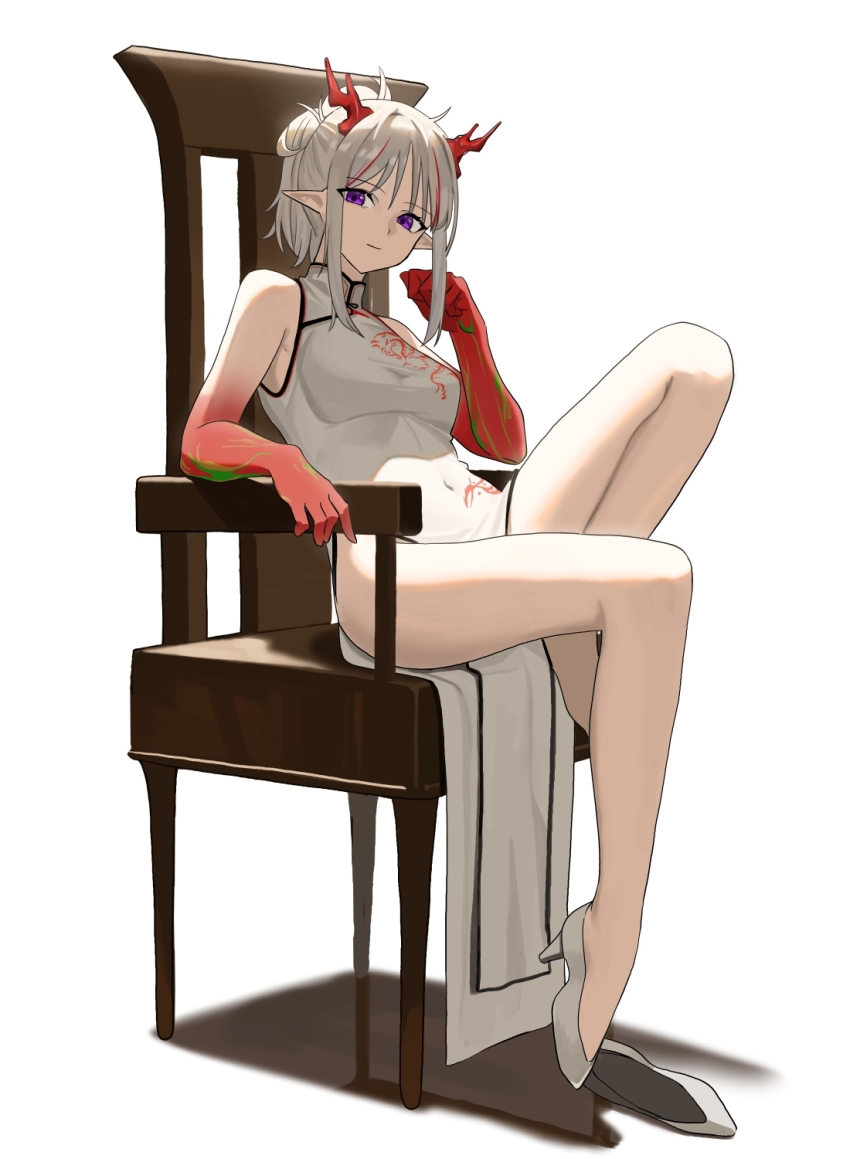 1girl, arknights, breasts, chair, china_dress, chinese_clothes, closed_mouth, colored_skin