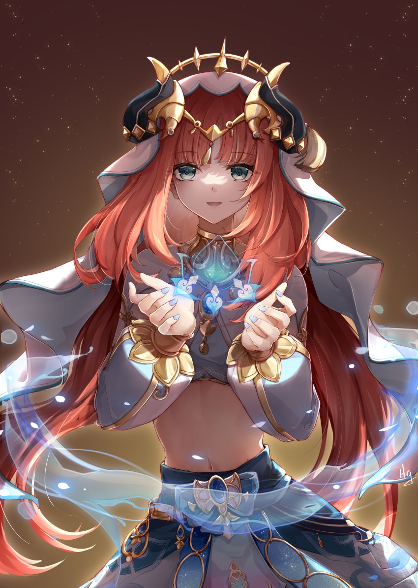 1girl, :d, absurdres, blue_eyes, blue_nails, blue_skirt, brooch, brown_background