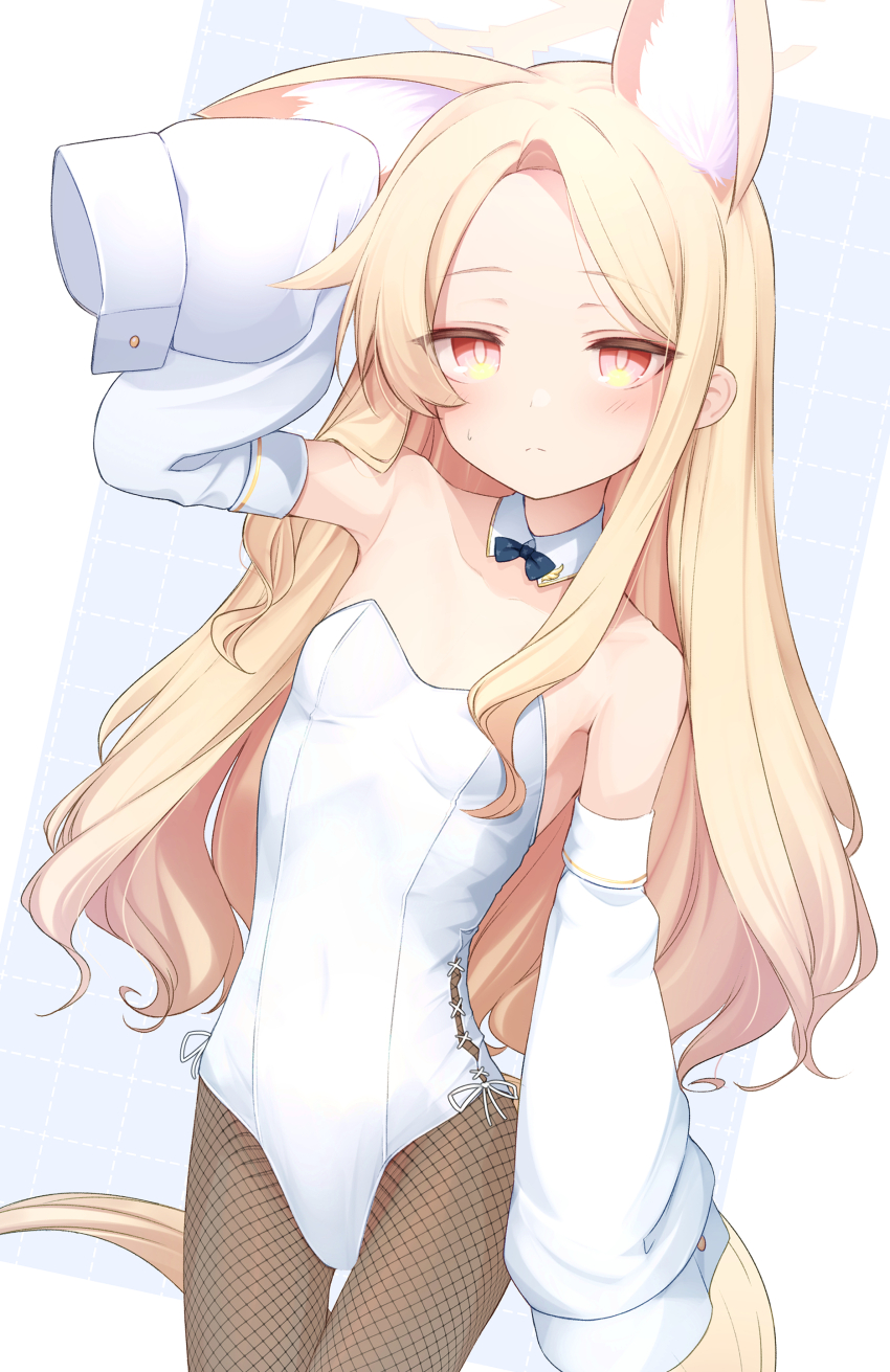 1girl, absurdres, animal_ear_fluff, animal_ears, arm_up, bare_shoulders, basa_rutan, blonde_hair