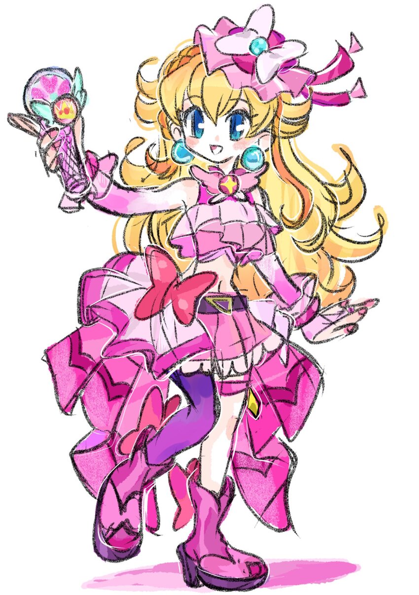 1girl, asymmetrical_legwear, belt_bow, blonde_hair, blue_eyes, blush, bow, brooch, cosplay, cure_butterfly, cure_butterfly_(cosplay), dress, earrings, highres, hirogaru_sky!_precure, jewelry, long_hair, mario_(series), nail_polish, nintendo, open_mouth, pink_bow, pink_dress, pink_headwear, pink_nails, pink_skirt, pink_theme, precure, princess_peach, rakugaki_shitagari-ya, skirt, smile, solo, sphere_earrings, wing_brooch