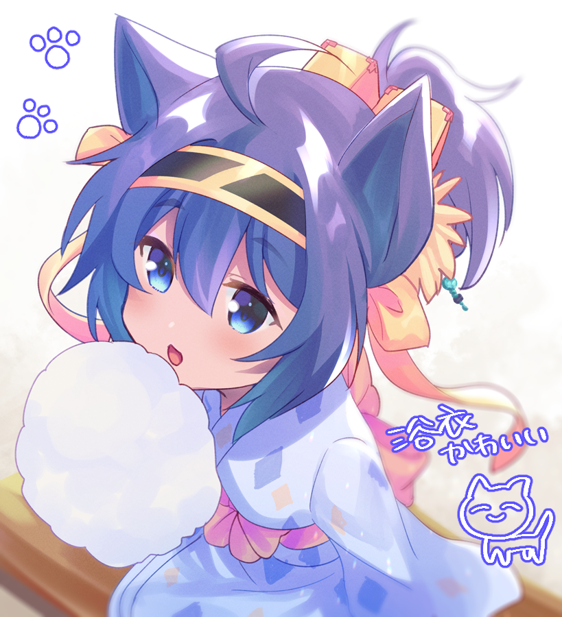 1girl, ahoge, animal_ears, atsu_toushirou_(tenka_hyakken), blue_eyes, blue_hair, cat_ears, cotton_candy