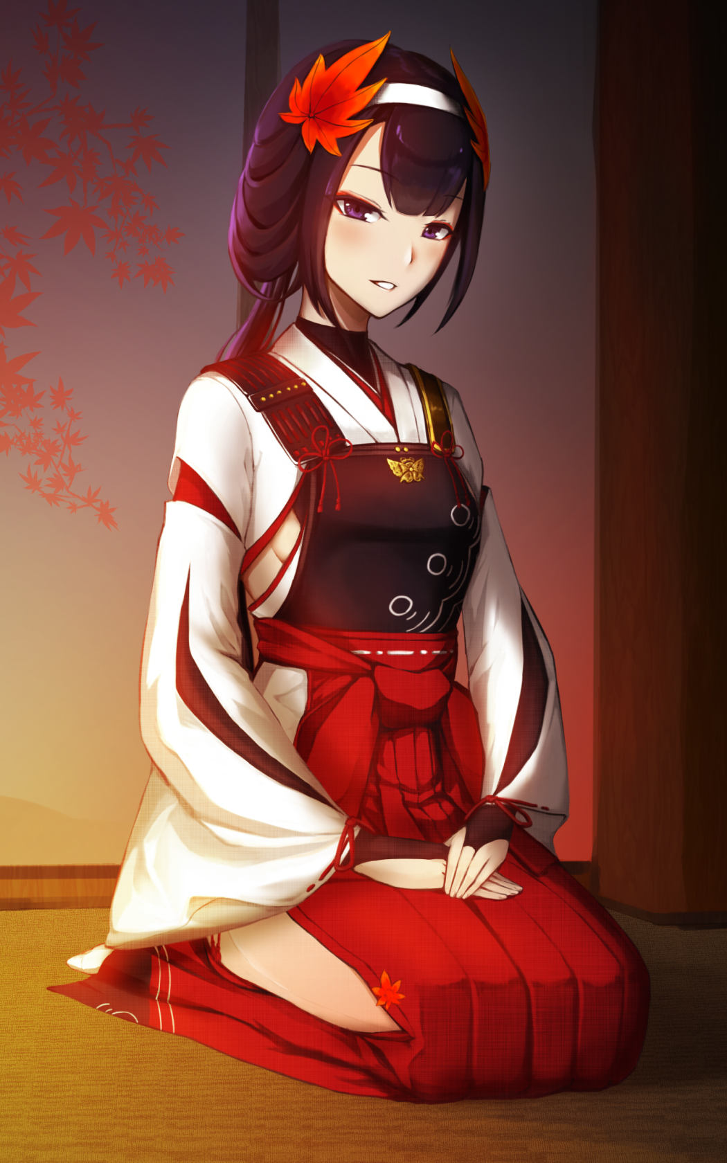 1girl, armor, black_hair, blush, breastplate, bridal_gauntlets, clothing_cutout, eidenjyou1997