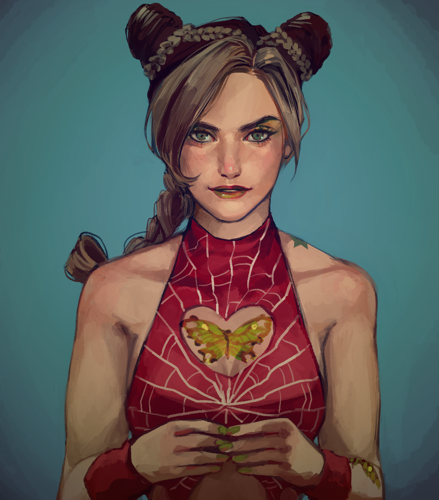 1girl, bare_shoulders, blonde_hair, braid, braided_ponytail, closed_mouth, green_background, green_eyes