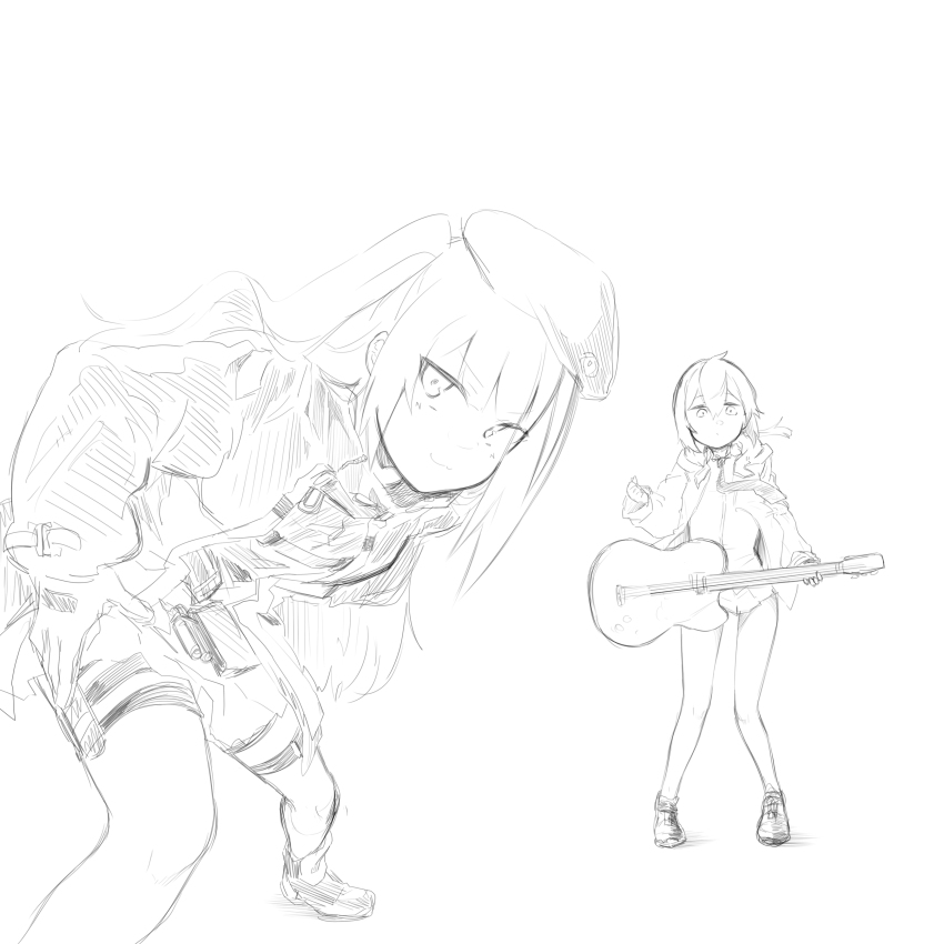 2girls, :3, absurdres, ahoge, be_my_baby_(song), beret, blunt_bangs, boots, closed_mouth, dot_mouth, dress_shirt, floating_hair, foot_out_of_frame, full_body, girls'_frontline, gloves, greyscale, guitar, hair_between_eyes, half-closed_eyes, hand_on_own_hip, hat, highres, holding, holding_instrument, holding_plectrum, hood, hoodie, instrument, jacket, leaning_forward, light_blush, long_hair, long_sleeves, looking_at_viewer, low_ponytail, m200_(girls'_frontline), mdr_(girls'_frontline), medium_hair, monochrome, multiple_girls, myon2, necktie, open_clothes, open_hoodie, parody, pigeon-toed, pleated_skirt, plectrum, ponytail, puffy_long_sleeves, puffy_sleeves, shirt, shoes, short_ponytail, side_ponytail, simple_background, sketch, skirt, sneakers, standing, tactical_clothes, tareme, thigh_strap
