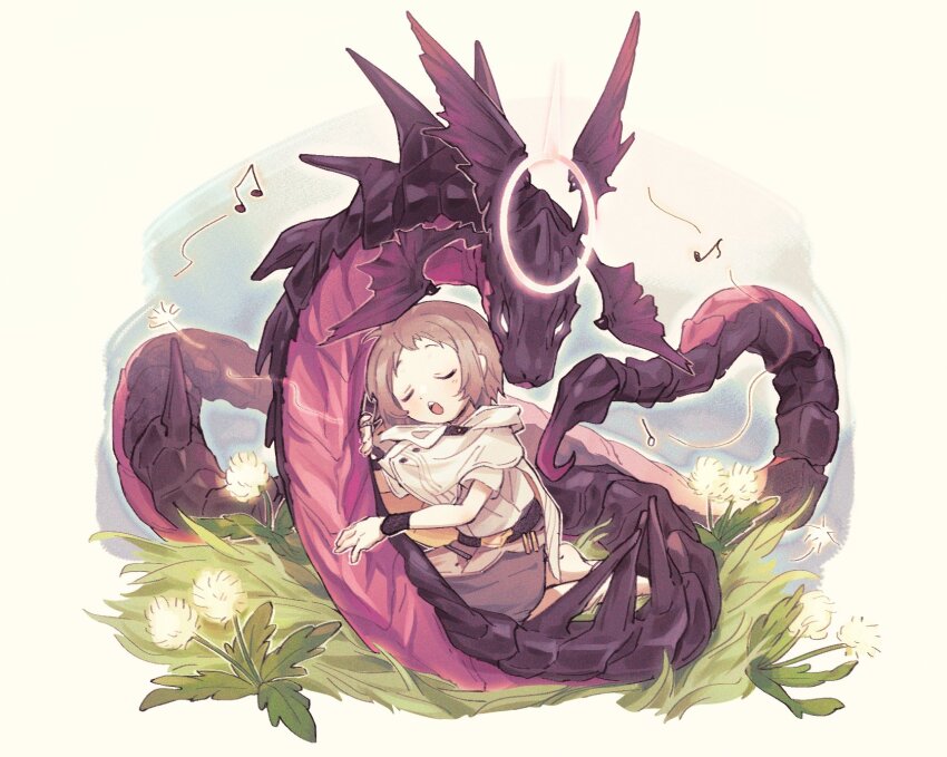 1girl, alchemy_stars, barefoot, beamed_eighth_notes, belt, brown_hair, chaminade_(alchemy_stars), cloak