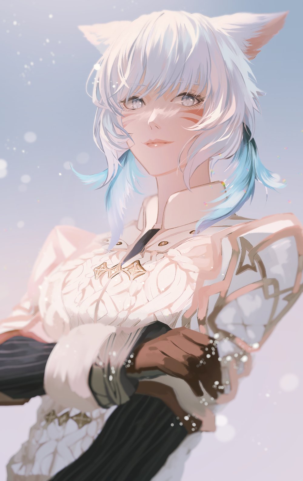 1girl, animal_ears, arm_under_breasts, brown_gloves, cat_ears, cat_girl, en_(enxxx), facial_mark