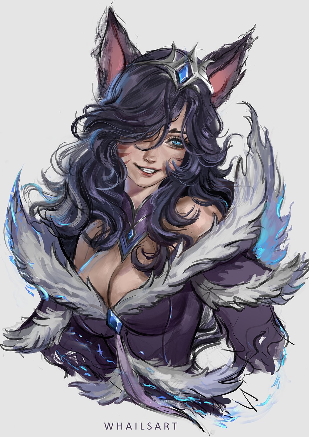 1girl, ahri_(league_of_legends), alternate_hairstyle, animal_ears, black_hair, blue_eyes, breasts, cleavage