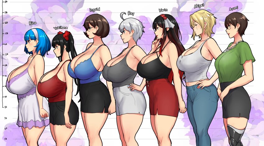 abigail_fahrenheit, absurdres, ahoge, ayumi_(erkaz), black_hair, blonde_hair, blue_eyes, blue_hair, breasts, brown_hair, bust_chart, camisole, cleavage, curvy, earrings, english_text, erkaz, feet_out_of_frame, from_side, grey_camisole, hairband, hand_on_own_hip, height_chart, highres, huge_breasts, ingrid_braun_(erkaz), jewelry, karinka_katyusha_(erkaz), long_hair, multicolored_hair, multiple_girls, original, red_eyes, red_hair, rey_tannhauser_(erkaz), rina_atherina, scar, scar_across_eye, scar_on_face, scrunchie, short_hair, standing, streaked_hair, thick_thighs, thighs, twintails, white_hair, wide_hips, yukihana_(erkaz)