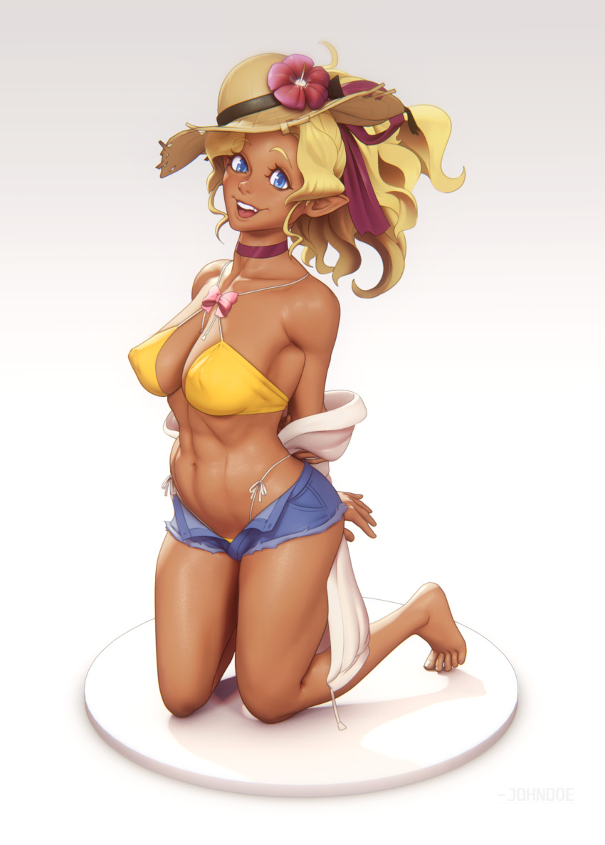 1girl, abs, absurdres, alternate_costume, arms_behind_back, barefoot, bikini, bikini_under_clothes