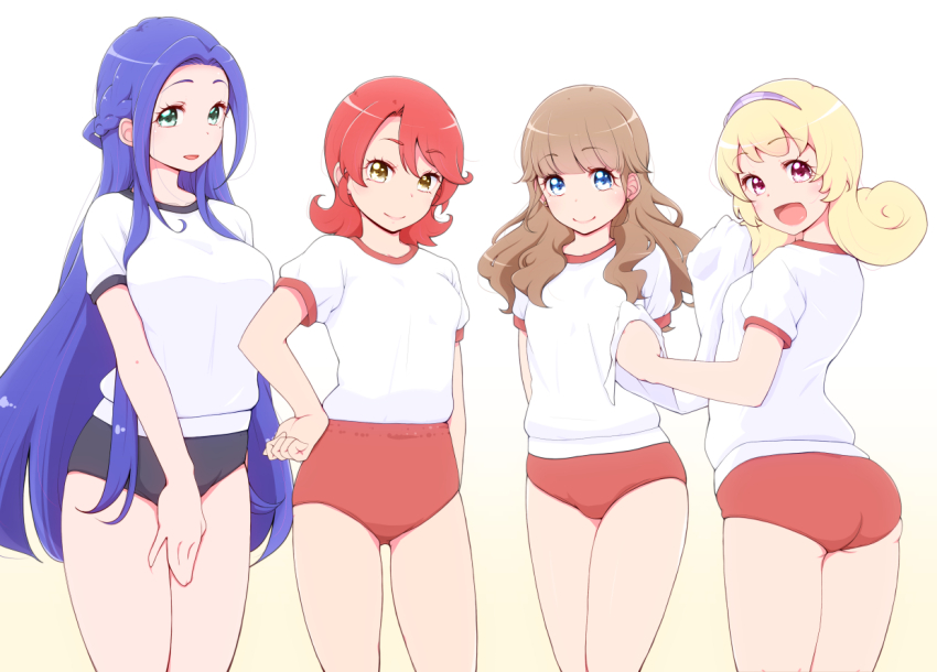 +_+, 4girls, anzai_tokiwa, arms_behind_back, ass, black_buruma, blonde_hair, blue_eyes, blue_hair, blunt_bangs, braid, brown_hair, buruma, closed_mouth, commentary_request, crown_braid, gradient_background, green_eyes, gym_uniform, hairband, hand_on_own_hip, hinata_yume, holding, holding_towel, imai_kotoko, long_hair, looking_at_viewer, looking_back, low_twintails, medium_hair, mewkledreamy, mewkledreamy_mix!, multiple_girls, open_mouth, purple_hairband, red_buruma, red_eyes, red_hair, shirt, short_sleeves, smile, t-shirt, towel, tsukishima_maira, twintails, very_long_hair, white_shirt, yellow_background, yonekura_hisaki