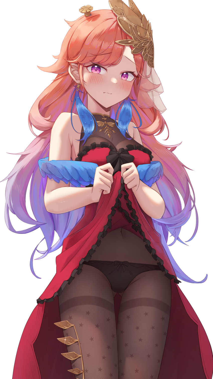1girl, absurdres, bare_shoulders, blush, bodystocking, bow, breasts, cleavage, clothes_lift, covered_navel, dress, earrings, feather_earrings, feathers, gradient_hair, highres, hololive, hololive_english, jewelry, long_hair, looking_at_viewer, medium_breasts, multicolored_hair, orange_hair, panties, pantyhose, pink_hair, purple_eyes, see-through_clothes, see-through_cleavage, shironekokfp, skirt, skirt_lift, solo, takanashi_kiara, takanashi_kiara_(party_dress), thighband_pantyhose, underwear, virtual_youtuber