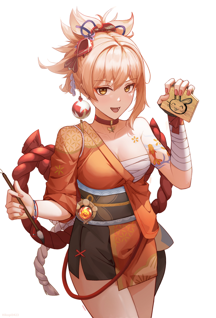 1girl, :d, absurdres, aoba_ao, arm_tattoo, bandaged_wrist, bandages, black_sash, blonde_hair, breasts, calligraphy_brush, chest_sarashi, chest_tattoo, choker, cleavage, collarbone, cowboy_shot, ema, fish_hair_ornament, fish_tattoo, flower_tattoo, genshin_impact, hair_ornament, high_ponytail, highres, holding, holding_brush, holding_ema, japanese_clothes, kanzashi, kimono, looking_at_viewer, medium_breasts, nail_polish, new_year, obi, open_mouth, orange_eyes, orange_kimono, orange_nails, paintbrush, pendant_choker, ponytail, print_kimono, red_choker, rope, sarashi, sash, shimenawa, short_ponytail, sidelocks, simple_background, single_bare_shoulder, smile, tattoo, thighs, vision_(genshin_impact), white_background, wristband, yoimiya_(genshin_impact)