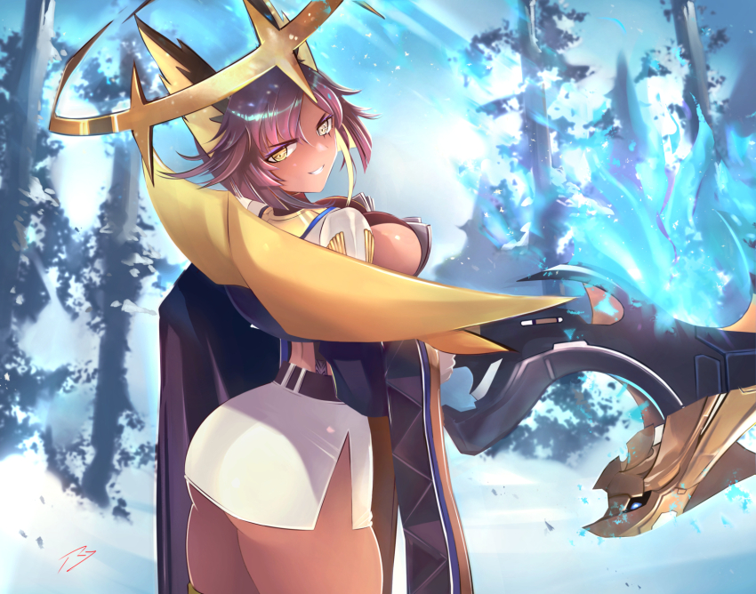 1girl, animal_ears, ass, belt, blue_fire, breasts, brown_hair, cowboy_shot