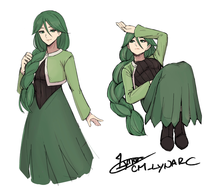 1girl, boots, braid, braided_ponytail, breasts, cheryl_(pokemon), green_eyes, green_hair