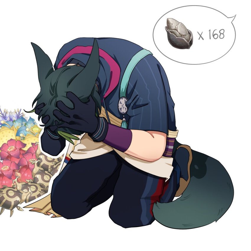 1boy, animal_ears, asymmetrical_sleeves, black_gloves, blue_flower, bug, commentary, english_commentary