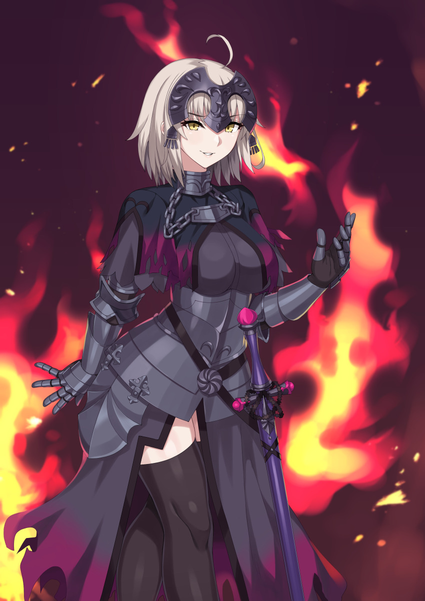 1girl, absurdres, ahoge, armor, armored_dress, black_cape, black_dress, black_thighhighs, breasts, cape, capelet, chain, dress, fate/grand_order, fate_(series), fire, gauntlets, gesugao, grin, headpiece, highres, holding, holding_sword, holding_weapon, hraf8mvqvxzvago, jeanne_d'arc_(fate), jeanne_d'arc_alter_(fate), large_breasts, short_hair, skindentation, smile, solo, standing, sword, thighhighs, v-shaped_eyebrows, weapon, white_background, white_hair, yellow_eyes