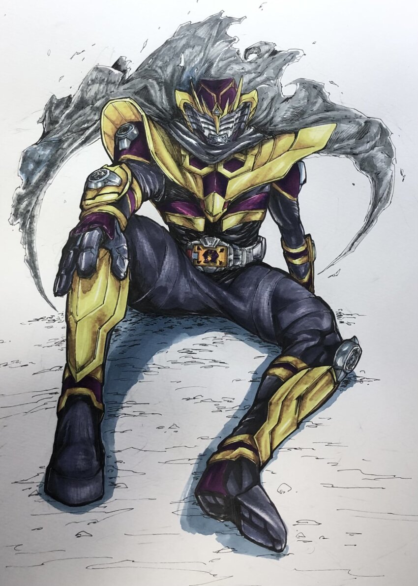 1boy, armor, cape, card_deck_(ouja_survive), cobra_(animal), commentary_request, foreshortening, gold_armor, grey_cape, hand_on_own_leg, highres, kamen_rider, kamen_rider_ouja, kamen_rider_ouja_survive, kamen_rider_outsiders, kamen_rider_ryuki_(series), male_focus, official_alternate_costume, rat0116ebi, rider_belt, sitting, snake, survive_mode, tokusatsu, traditional_media, v_buckle, vambraces
