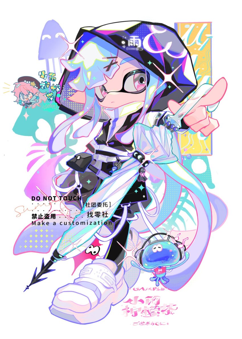 1girl, arknights, belt, black_jacket, black_shorts, blue_hair, blunt_bangs, chinese_text, closed_mouth, closed_umbrella, cosplay, english_text, female_focus, flat_chest, full_body, headphones, heel_up, high_collar, highres, holding, holding_umbrella, hood, hood_up, hooded_jacket, index_finger_raised, inkling, inkling_girl, inkling_player_character, jacket, japanese_text, jellyfish_(splatoon), layered_sleeves, long_hair, long_sleeves, looking_to_the_side, mixed-language_text, mizuki_(arknights), mizuki_(arknights)_(cosplay), musical_note, nintendo, pink_eyes, pink_shirt, pointing, pointy_ears, pouch, shirt, shoes, short_sleeves, shorts, sidelocks, solo_focus, sparkle, splatoon_(series), standing, tentacle_hair, tentacles, translation_request, transparent, umbrella, white_footwear, white_shirt, xiaoyunatie
