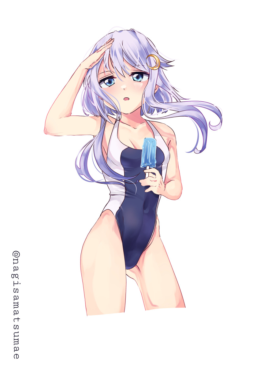 1girl, absurdres, blue_one-piece_swimsuit, contrapposto, covered_navel, crescent, crescent_hair_ornament, cropped_legs