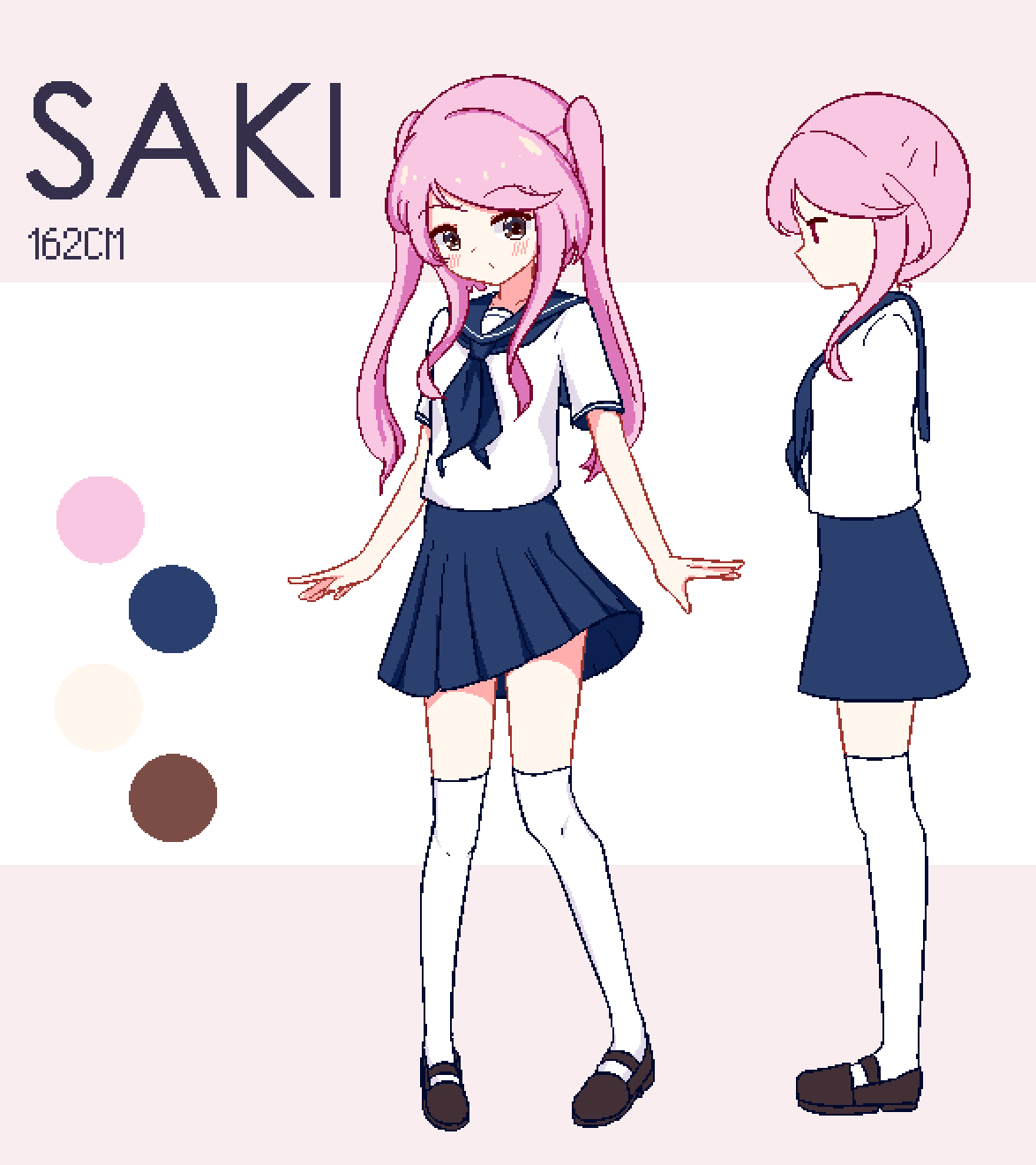 1girl, blue_neckerchief, blue_sailor_collar, blue_skirt, blush, brown_eyes, brown_footwear, character_name