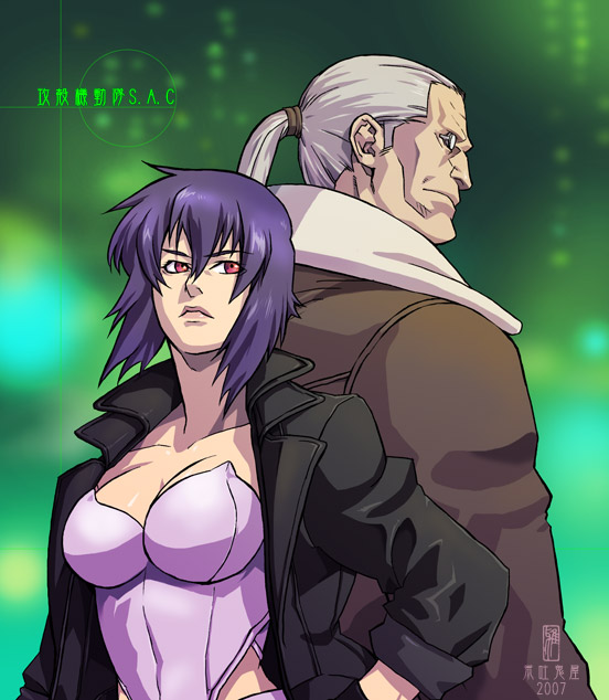 1boy, 1girl, back-to-back, batou_(gits), black_gloves, black_jacket, blurry, breasts
