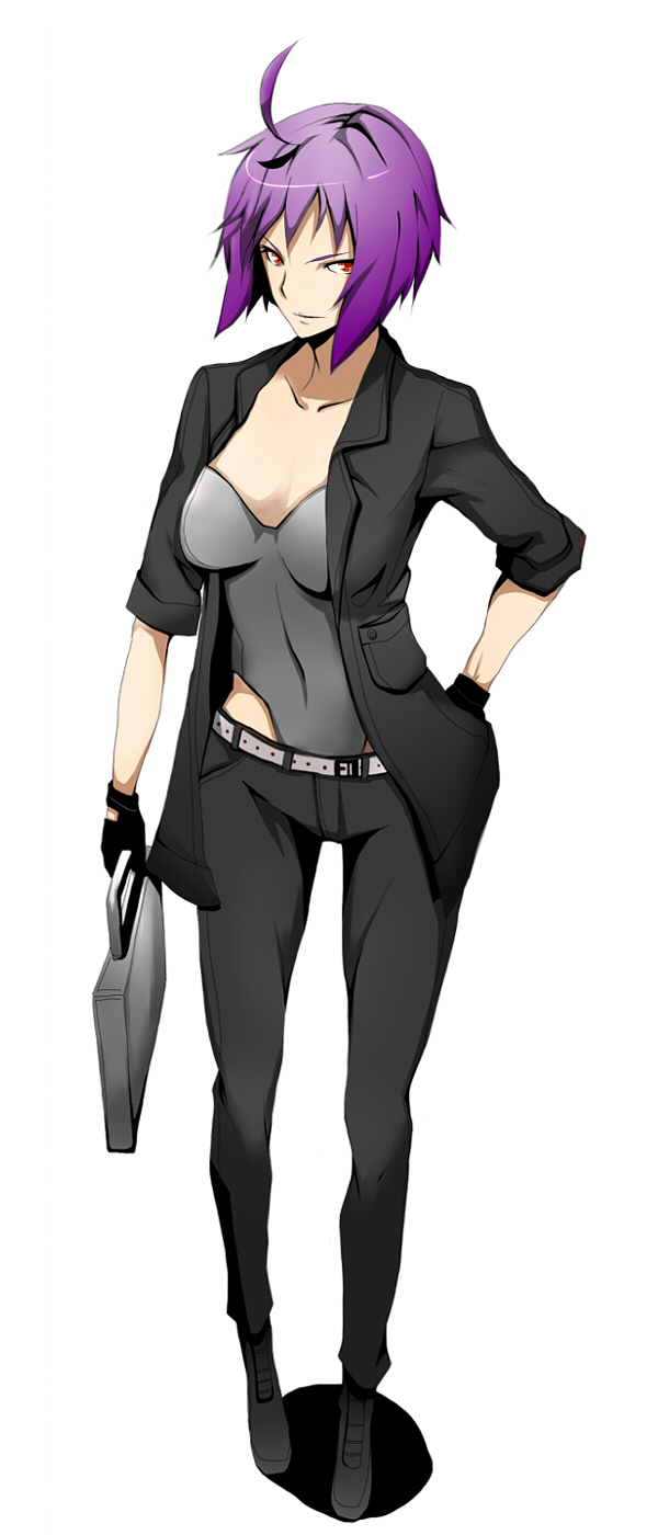 1girl, ahoge, belt, boots, briefcase, female_focus, fingerless_gloves, full_body, ghost_in_the_shell, ghost_in_the_shell:_stand_alone_complex, gloves, hand_on_own_hip, highres, hip_focus, holding, jacket, kusanagi_motoko, leotard, long_image, purple_hair, red_eyes, short_hair, simple_background, solo, standing, taka-shiro, takashiro_(takashiro_factory), tall_image